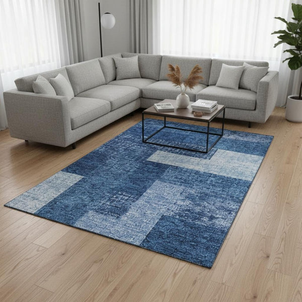 HomeRoots 8' X 10' Navy Blue & Ivory Geometric Area Rug - Washable, UV Protected & Ideal for High-Traffic Rooms 674968