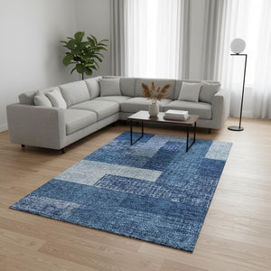 HomeRoots 9' X 12' Navy Blue Geometric Area Rug - Washable, UV-Protected, Stain Resistant for Family Spaces 674969