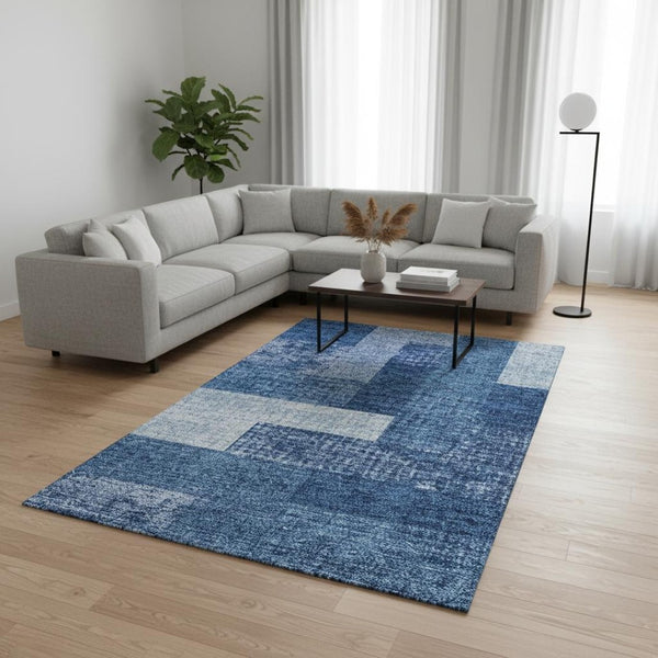 HomeRoots 9' X 12' Navy Blue Geometric Area Rug - Washable, UV-Protected, Stain Resistant for Family Spaces 674969