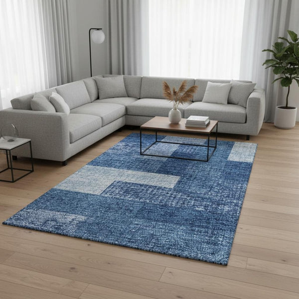 HomeRoots 10' Navy Blue & Ivory Geometric Area Rug - Washable, Stain Resistant, UV Protected for High Traffic Homes 674970