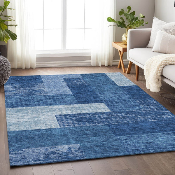 HomeRoots 10' Navy Blue & Ivory Geometric Area Rug - Washable, Stain Resistant, UV Protected for High Traffic Homes 674970