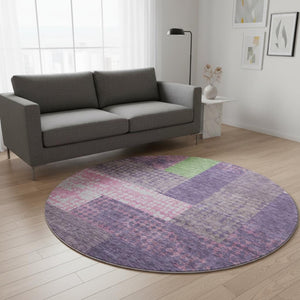 HomeRoots 8' Vibrant Purple Green Pink Geometric Washable Round Rug with UV Protection for Family Spaces 674973