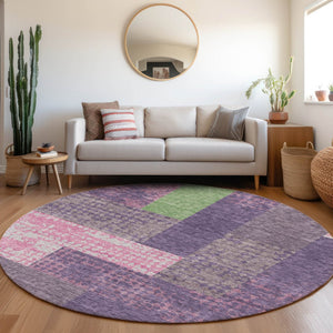 HomeRoots 8' Vibrant Purple Green Pink Geometric Washable Round Rug with UV Protection for Family Spaces 674973