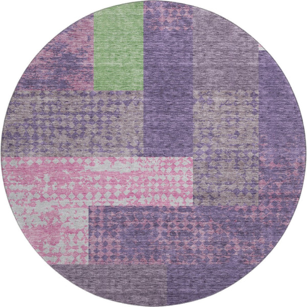 HomeRoots 8' Vibrant Purple Green Pink Geometric Washable Round Rug with UV Protection for Family Spaces 674973
