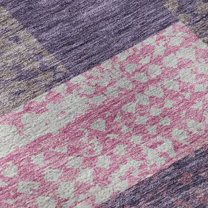 HomeRoots 8' Vibrant Purple Green Pink Geometric Washable Round Rug with UV Protection for Family Spaces 674973