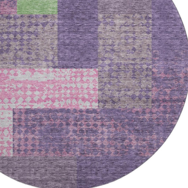 HomeRoots 8' Vibrant Purple Green Pink Geometric Washable Round Rug with UV Protection for Family Spaces 674973