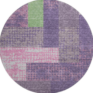 HomeRoots 8' Vibrant Purple Green Pink Geometric Washable Round Rug with UV Protection for Family Spaces 674973