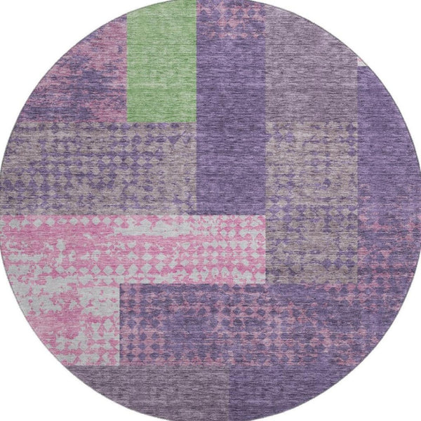 HomeRoots 8' Vibrant Purple Green Pink Geometric Washable Round Rug with UV Protection for Family Spaces 674973