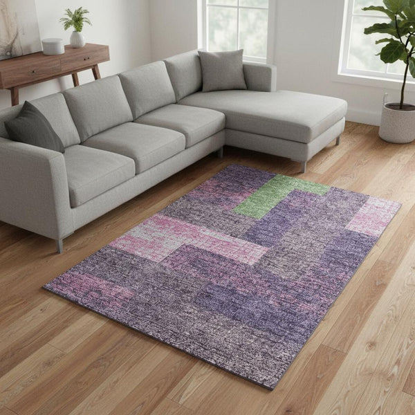 HomeRoots 9' X 12' Vibrant Purple, Green & Pink Geometric Washable Area Rug with UV Protection & Stain Resistance 674975
