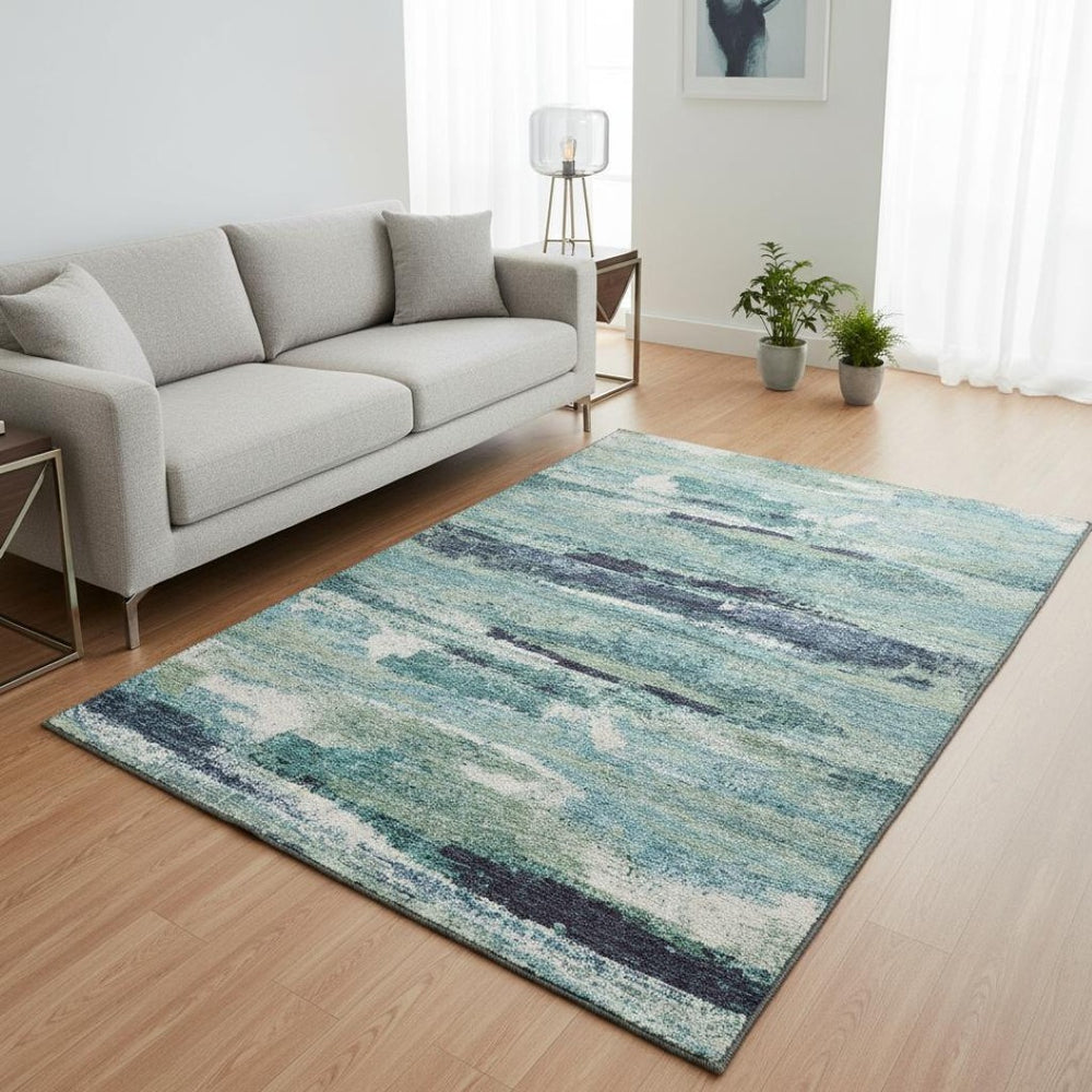 HomeRoots 5' X 8' Artichoke Green Teal Ivory Abstract Area Rug - Washable, UV Protected, Stylish & Durable! 674978