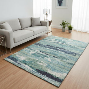 HomeRoots 5' X 8' Artichoke Green Teal Ivory Abstract Area Rug - Washable, UV Protected, Stylish & Durable! 674978