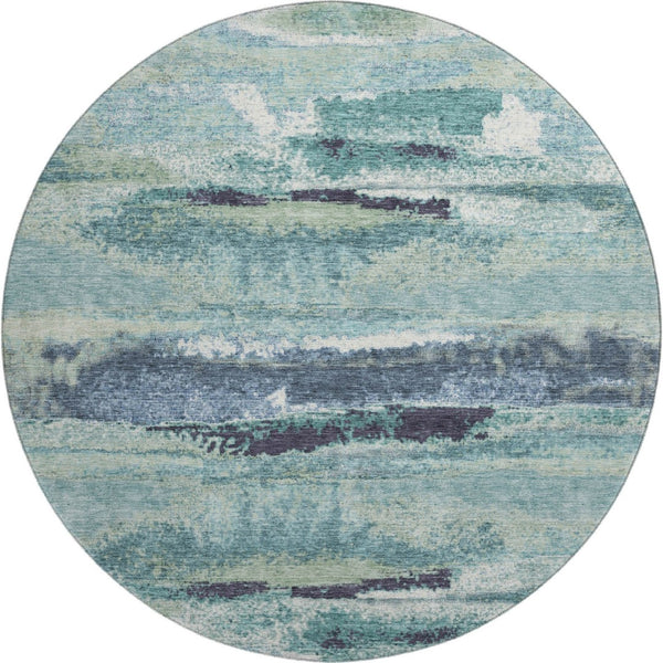 HomeRoots 8' Contemporary Artichoke Green Teal Ivory Abstract Round Area Rug - Washable, Stain-Resistant Design 674979
