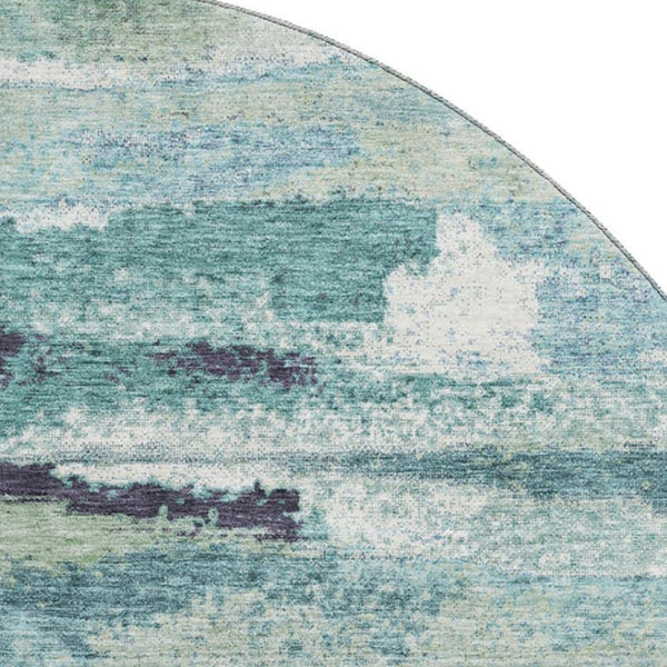 HomeRoots 8' Contemporary Artichoke Green Teal Ivory Abstract Round Area Rug - Washable, Stain-Resistant Design 674979