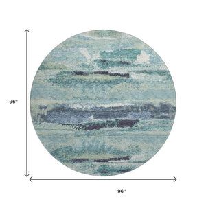 HomeRoots 8' Contemporary Artichoke Green Teal Ivory Abstract Round Area Rug - Washable, Stain-Resistant Design 674979
