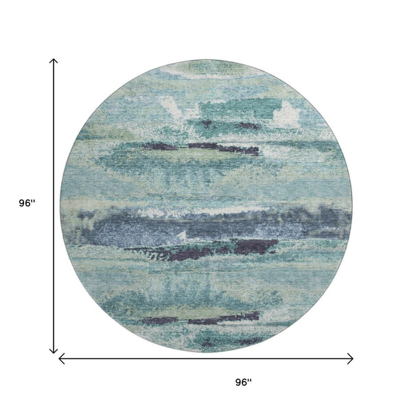 HomeRoots 8' Contemporary Artichoke Green Teal Ivory Abstract Round Area Rug - Washable, Stain-Resistant Design 674979