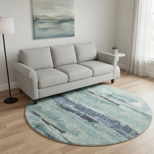 HomeRoots 8' Contemporary Artichoke Green Teal Ivory Abstract Round Area Rug - Washable, Stain-Resistant Design 674979