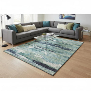 HomeRoots 8' X 10' Artichoke Green Teal Ivory Abstract Area Rug - Washable, Stain-Resistant with UV Protection! 674980