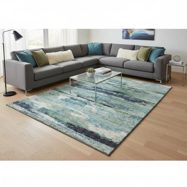 HomeRoots 8' X 10' Artichoke Green Teal Ivory Abstract Area Rug - Washable, Stain-Resistant with UV Protection! 674980