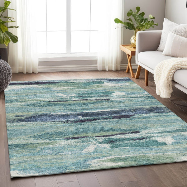 HomeRoots 8' X 10' Artichoke Green Teal Ivory Abstract Area Rug - Washable, Stain-Resistant with UV Protection! 674980