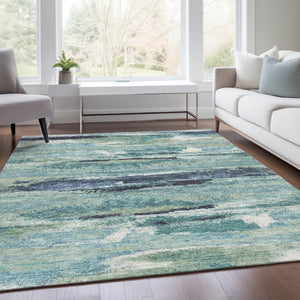 HomeRoots 8' X 10' Artichoke Green Teal Ivory Abstract Area Rug - Washable, Stain-Resistant with UV Protection! 674980