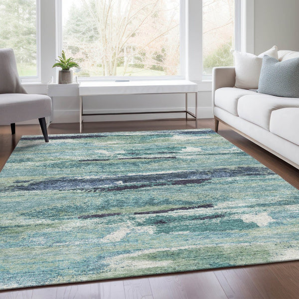 HomeRoots 8' X 10' Artichoke Green Teal Ivory Abstract Area Rug - Washable, Stain-Resistant with UV Protection! 674980