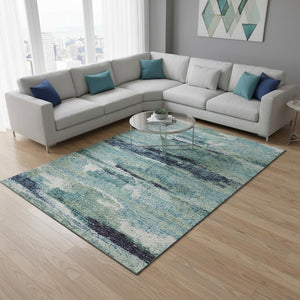 HomeRoots 10' X 14' Artichoke Green Teal Ivory Abstract Area Rug - Washable, UV Protected, Pet-Friendly Comfort 674982