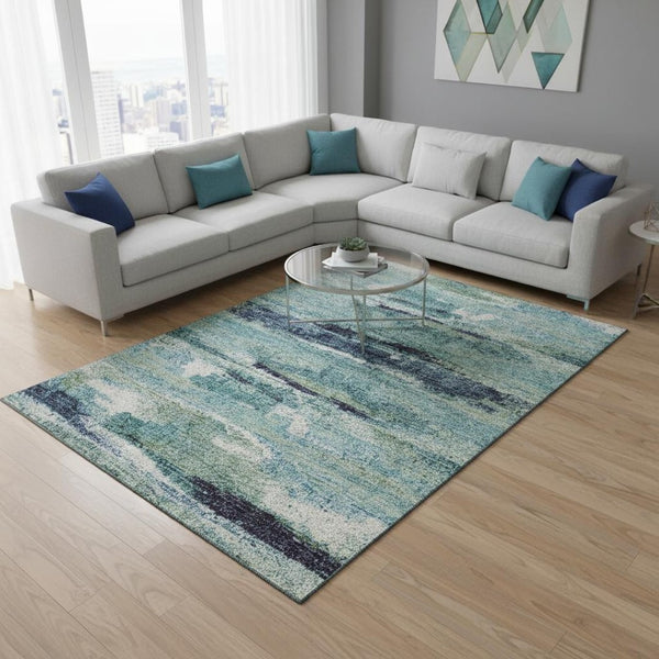 HomeRoots 10' X 14' Artichoke Green Teal Ivory Abstract Area Rug - Washable, UV Protected, Pet-Friendly Comfort 674982
