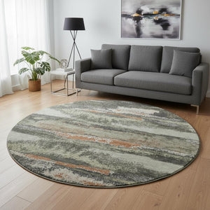 HomeRoots 8' Charcoal Ivory and Copper Abstract Round Rug - UV Protected, Stain Resistant, Easy Care! 674985