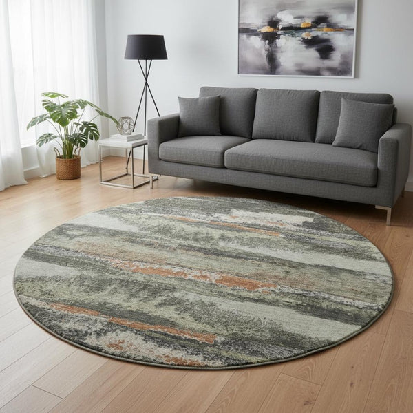 HomeRoots 8' Charcoal Ivory and Copper Abstract Round Rug - UV Protected, Stain Resistant, Easy Care! 674985