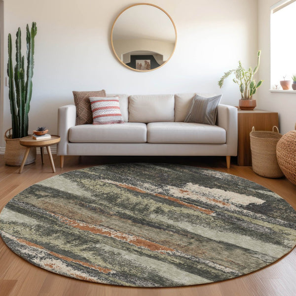 HomeRoots 8' Charcoal Ivory and Copper Abstract Round Rug - UV Protected, Stain Resistant, Easy Care! 674985