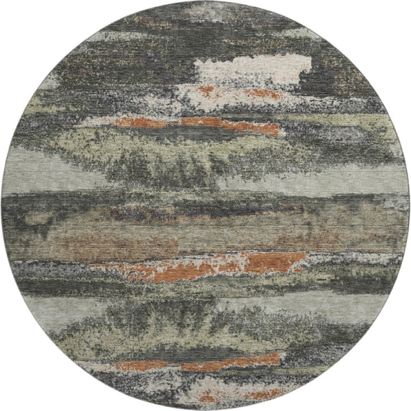 HomeRoots 8' Charcoal Ivory and Copper Abstract Round Rug - UV Protected, Stain Resistant, Easy Care! 674985