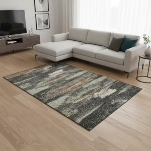 HomeRoots 9' X 12' Modern Charcoal Ivory Copper Area Rug - Washable, UV Protected, Stain-Resistant Design 674987