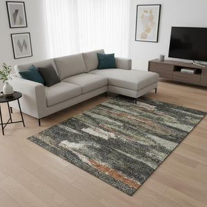 HomeRoots 10' Charcoal, Ivory & Copper Abstract Washable Area Rug - Durable, Stain-Resistant, UV Protected Design 674988
