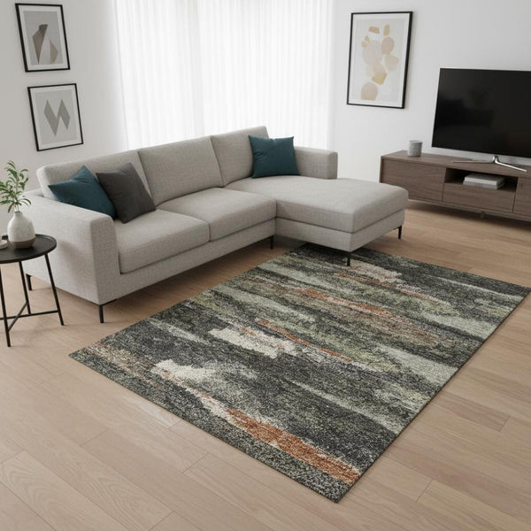 HomeRoots 10' Charcoal, Ivory & Copper Abstract Washable Area Rug - Durable, Stain-Resistant, UV Protected Design 674988