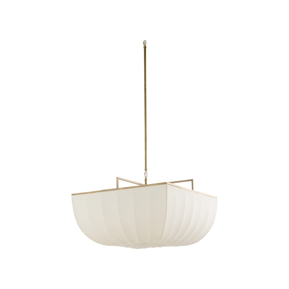 Wildwood Perruche Pendant | Antique Brass & Ribbed Linen Shade, Sculptural Ambient Lighting For Dining Rooms 67499