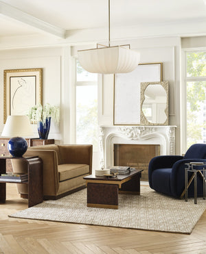 Wildwood Perruche Pendant | Antique Brass & Ribbed Linen Shade, Sculptural Ambient Lighting For Dining Rooms 67499