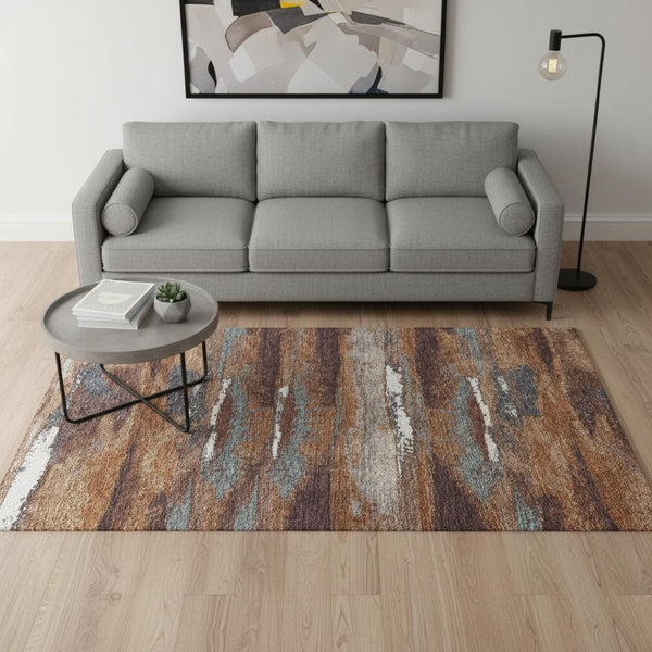 HomeRoots 5' X 8' Modern Abstract Copper Ivory Gray Washable Area Rug with UV Protection for Easy Care 674990