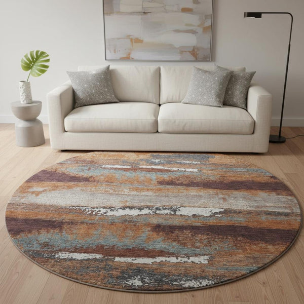 HomeRoots 8' Copper Ivory Gray Abstract Round Area Rug - Washable, UV-Protected, Durable & Stylish Design 674991