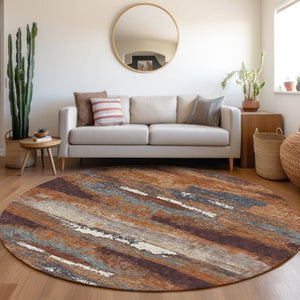 HomeRoots 8' Copper Ivory Gray Abstract Round Area Rug - Washable, UV-Protected, Durable & Stylish Design 674991
