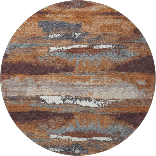 HomeRoots 8' Copper Ivory Gray Abstract Round Area Rug - Washable, UV-Protected, Durable & Stylish Design 674991
