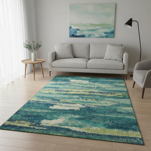 HomeRoots 5' X 8' Vibrant Abstract Area Rug in Emerald, Ivory & Teal - Washable, UV Protection & Stain Resistant 674996