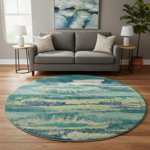 HomeRoots 8' Emerald, Ivory & Teal Abstract Washable Round Rug - Durable, Stain-Resistant, UV-Protected Design! 674997