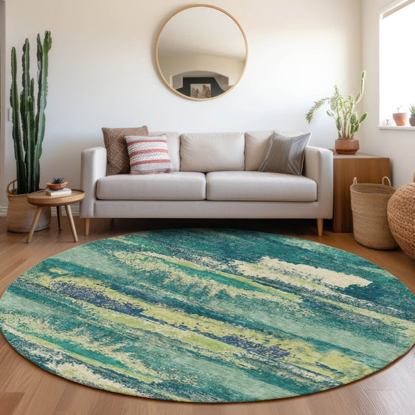 HomeRoots 8' Emerald, Ivory & Teal Abstract Washable Round Rug - Durable, Stain-Resistant, UV-Protected Design! 674997