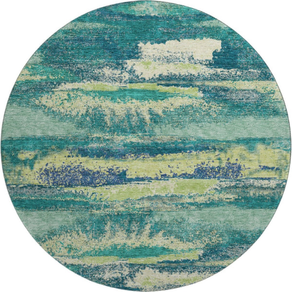 HomeRoots 8' Emerald, Ivory & Teal Abstract Washable Round Rug - Durable, Stain-Resistant, UV-Protected Design! 674997