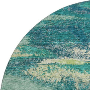 HomeRoots 8' Emerald, Ivory & Teal Abstract Washable Round Rug - Durable, Stain-Resistant, UV-Protected Design! 674997