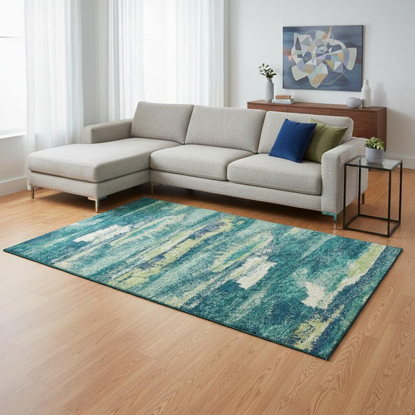 HomeRoots 8' X 10' Contemporary Emerald, Ivory & Teal Abstract Rug - Washable, Stain Resistant & UV Protected 674998