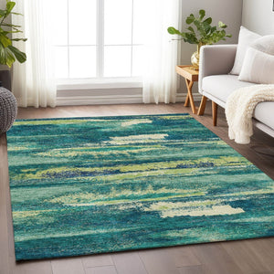 HomeRoots 8' X 10' Contemporary Emerald, Ivory & Teal Abstract Rug - Washable, Stain Resistant & UV Protected 674998