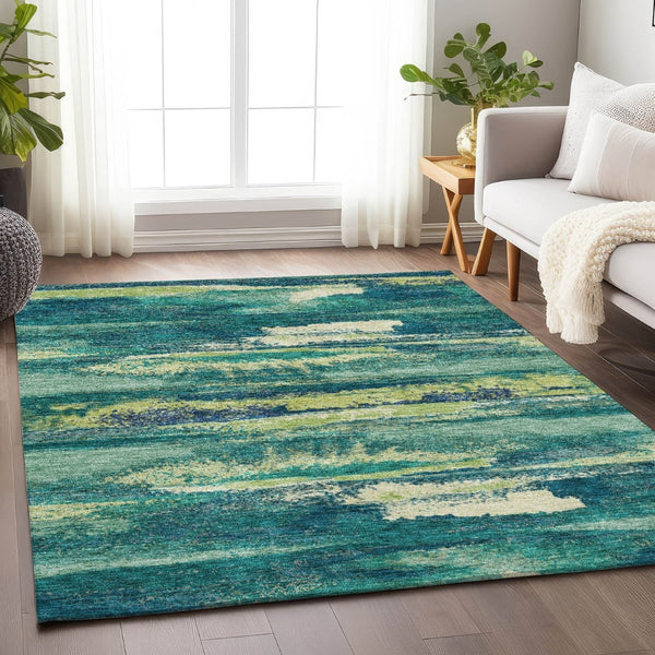 HomeRoots 8' X 10' Contemporary Emerald, Ivory & Teal Abstract Rug - Washable, Stain Resistant & UV Protected 674998