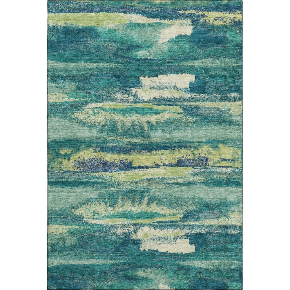 HomeRoots 8' X 10' Contemporary Emerald, Ivory & Teal Abstract Rug - Washable, Stain Resistant & UV Protected 674998