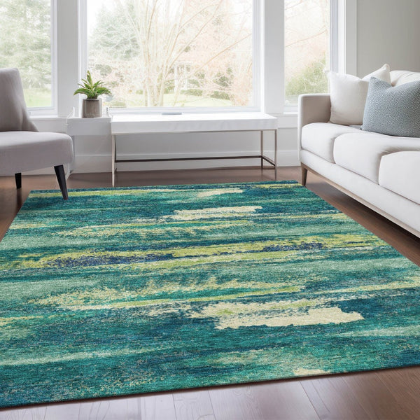 HomeRoots 8' X 10' Contemporary Emerald, Ivory & Teal Abstract Rug - Washable, Stain Resistant & UV Protected 674998